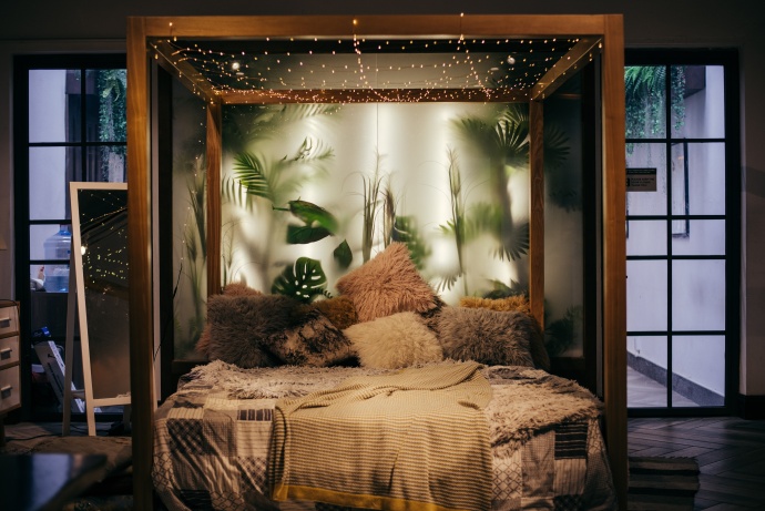 Bed with net of christmas lights