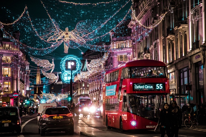London street lit up with Christmas lights