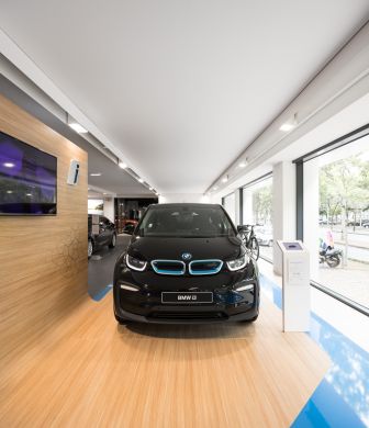 BMW car at Caetano Baviera stand illuminated by Tromilux brand lighting products BMW car illuminated by Tromilux products