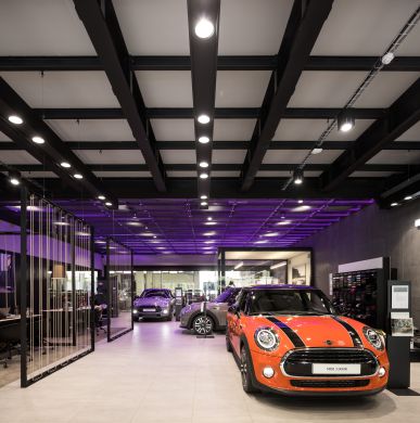 Mini brand car at Caetano Baviera stand illuminated by Tromilux brand lighting products Mini car illuminated by Tromilux products