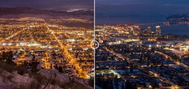 Imagen de antes y después de la ciudad y la contaminación lumínica